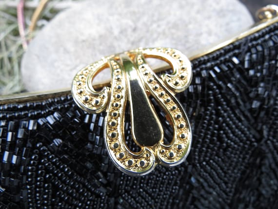 Vintage Black Beaded Bag - Antique Glass Beads - … - image 2