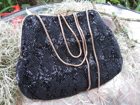 Vintage Black Beaded Bag - Antique Glass Beads - … - image 4