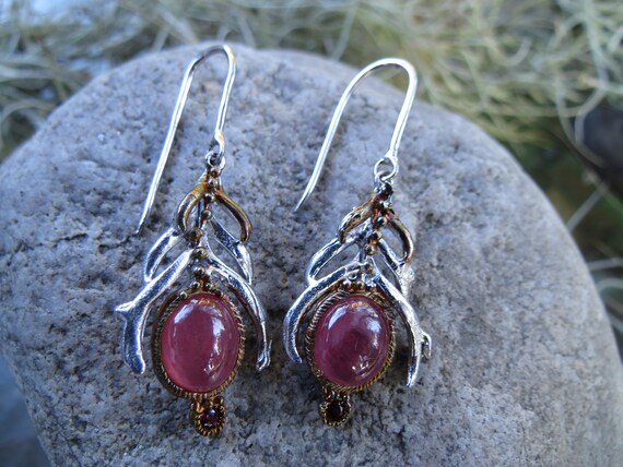 Cabochon Ruby Earrings - Sterling Silver Mounting… - image 1