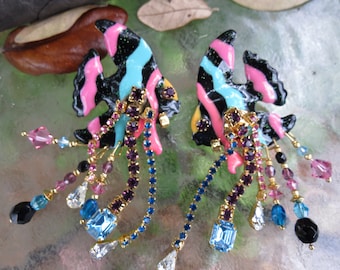 Lunch at the Ritz Angel Fish Pierced Earrings - LATR Enamel Fish Posts - Fun & Fabulous - Excellent Condition