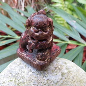 May include: A small, intricately carved wooden statue of a mythical creature, possibly a guardian lion. The statue is primarily dark brown with red and gold accents, and sits on a square base. The background features green foliage.