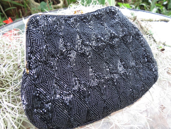 Vintage Black Beaded Bag - Antique Glass Beads - … - image 5