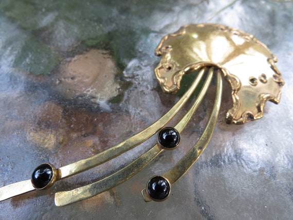 Mixed Metal Artistic Onyx Brooch - Copper, Brass … - image 7