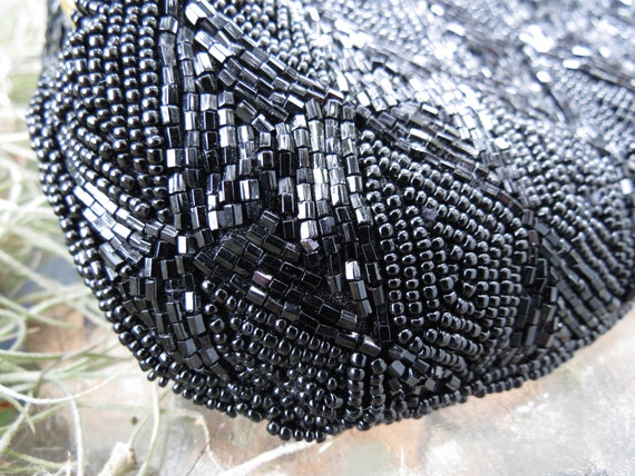 Vintage Black Beaded Bag - Antique Glass Beads - … - image 3