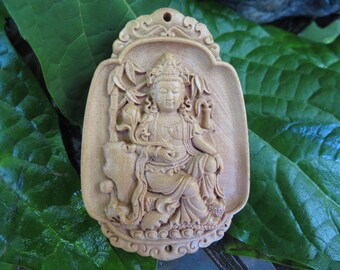 Finely Carved Wood Pendant - Tibetan Amulet - Beautiful Chinese Deity - Excellent Condition