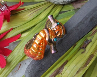Enamel Seahorse Clamper Bracelet - Vintage Fun Jewelry - Orange Enamel Cuff - Green Rhinestone Eyes - Great Condition