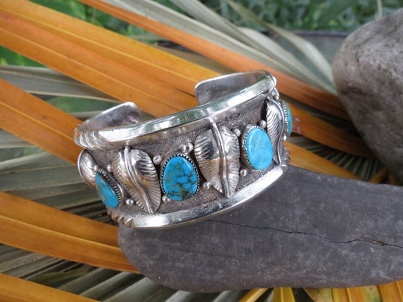 Native American Indian Silver & Turquoise Cuff Br… - image 1