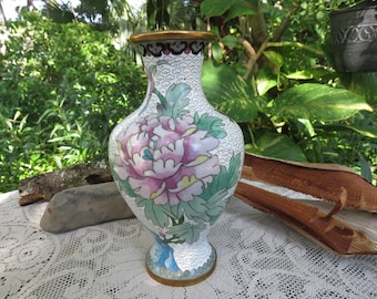 Antique Chinese Cloisonné Vase: White Enamel Floral Vase, 8"