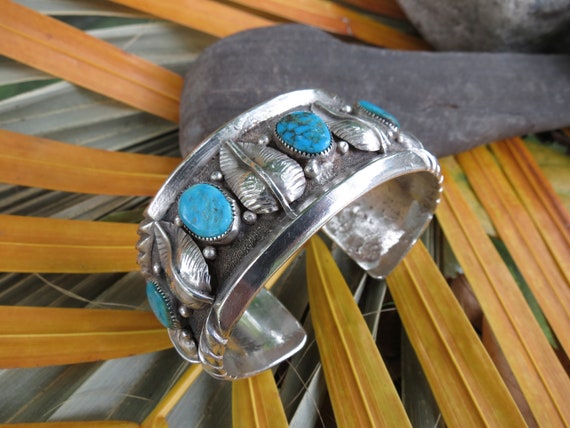 Native American Indian Silver & Turquoise Cuff Br… - image 5