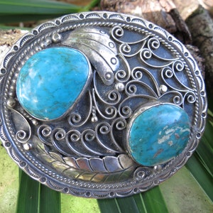 American Indian Silver & Turquoise Buckle - Antique Southwest Pawn Belt Buckle - Signed Silver - Excellent Condition
