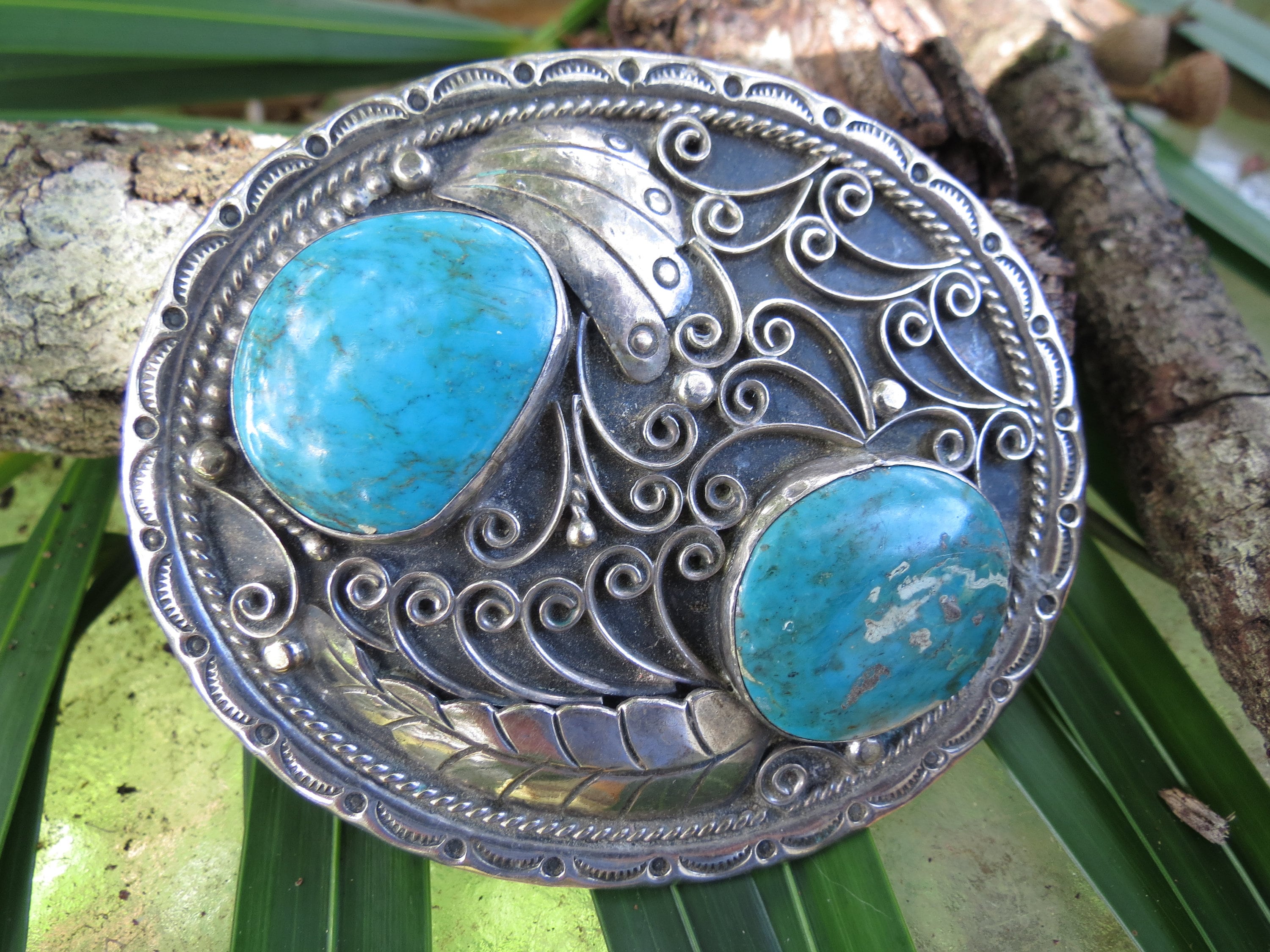Antique Silver & Turquoise Belt Buckle - Signed Southwest  display picture 2