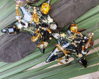 Lunch at the Ritz 1988 Stars - LATR Enamel Post Earrings - Big Glitzy Star Pierced Earrings - Fun and Fabulous - Excellent Condition