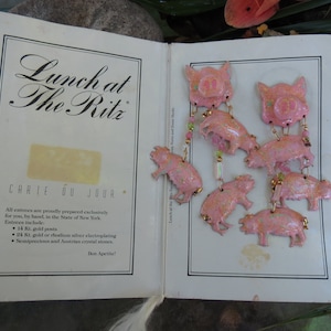 Lunch at the Ritz Enamel Pink Pigs Post Earrings - 1988 LATR Pierced Dangle Earrings - Fun & Fabulous - Excellent Condition