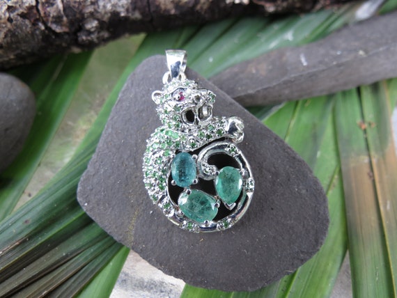 Sterling Silver Emerald Leopard Pendant - Tiny Ru… - image 1