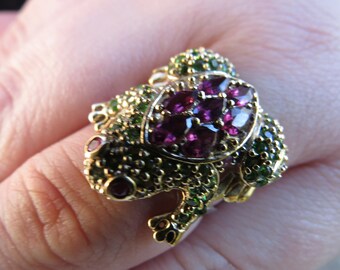 Sterling Silver Garnet Frog Ring: Rhodolite & Green Garnet Stones, Size 8 1/4