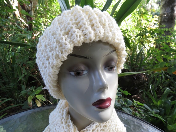 Hand Crochet Wool Hat and Scarf Set – Cream Winter Beanie - Etsy display picture 3