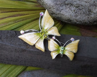 Enamel Rhinestone Butterfly Brooch - Old Costume Jewelry Pin - Yellow Enamel - Perfect - Excellent Condition