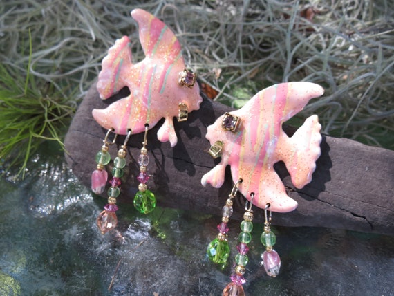 Lunch at the Ritz 1989 Enamel Pink Angelfish Earr… - image 3