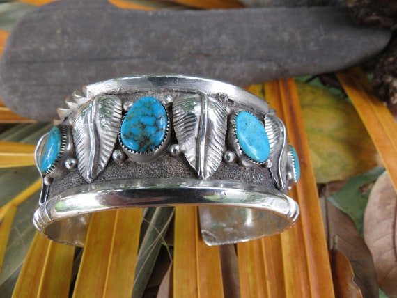 Native American Indian Silver & Turquoise Cuff Br… - image 9