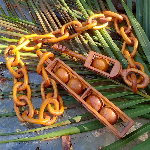 Carved Wood Whimsy Chain - Scarce Antique Wood Lock & Key