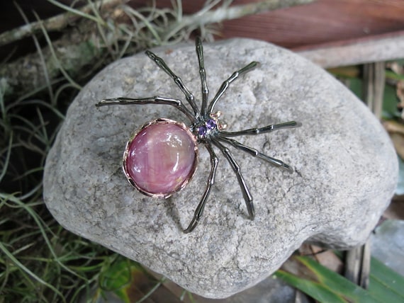 Ruby Spider Brooch - Large Sterling Silver Spider