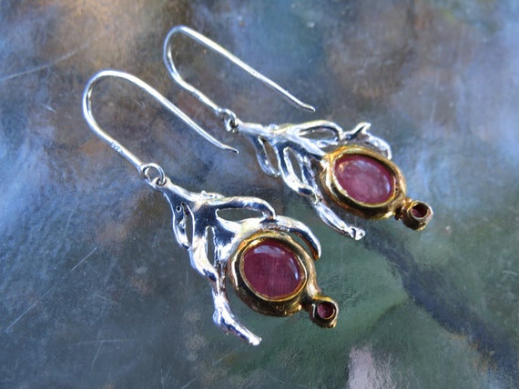 Cabochon Ruby Earrings - Sterling Silver Mounting… - image 4