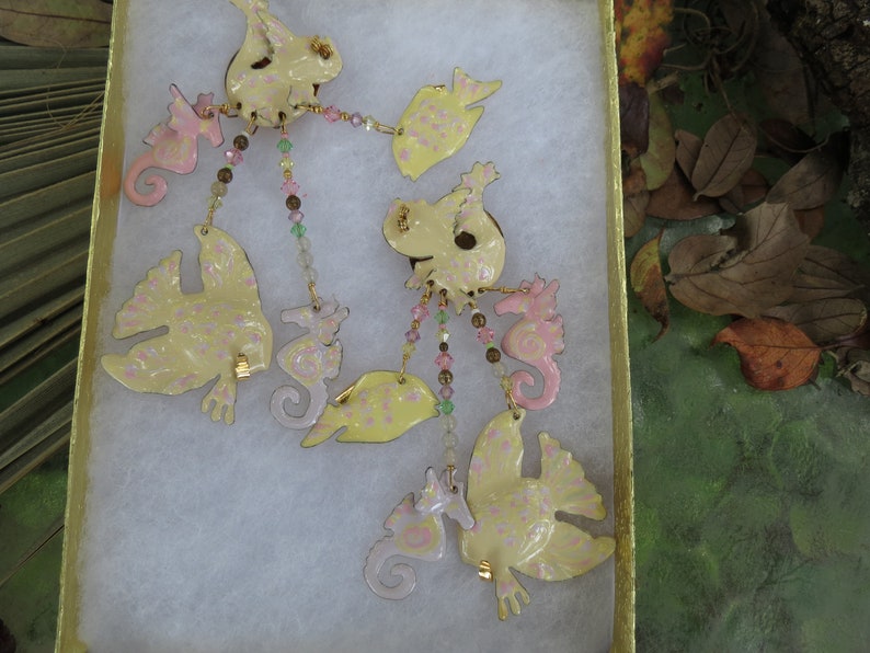 Lunch at the Ritz 1986 Enamel Fish and Seahorses Earrings Dangle Earring Clips Fun & Fabulous Excellent Condition image 1