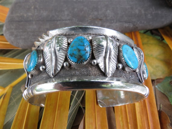 Native American Indian Silver & Turquoise Cuff Br… - image 8