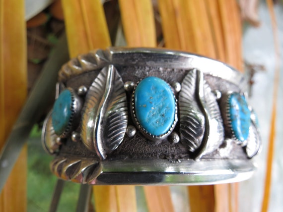 Native American Indian Silver & Turquoise Cuff Br… - image 3