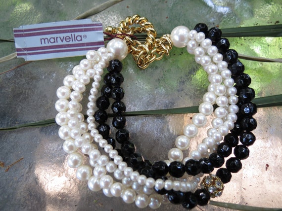 Marvella Black White Multi Strand Bracelet Vintag Gem