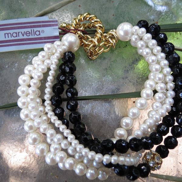 Marvella Black & White Multi Strand Bracelet - Vintage Plastic Jewelry - Excellent Condition