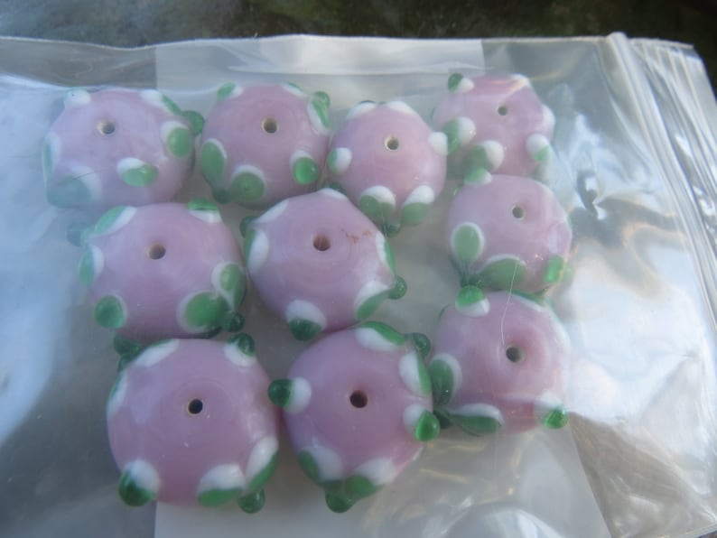 Beading Supplies 1 Dozen Glass Beads Old Store Stock 12 Pink and Green Glass Lampwork Beads
