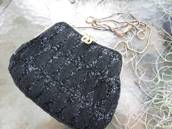 Vintage Black Beaded Bag - Antique Glass Beads - … - image 7