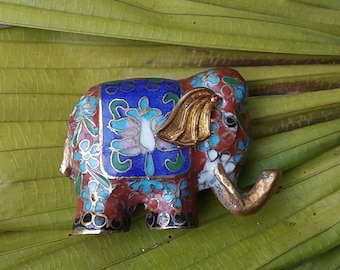 Cloisonné Enamel Elephant Figurine - Tiny Blue & Red Elephant Statue - Chinese Enamel Brass - Excellent Condition