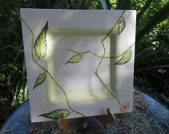 Large Square Centerpiece Platter - Made in Portugal - Green Leaves Bowl - Excellent Condition