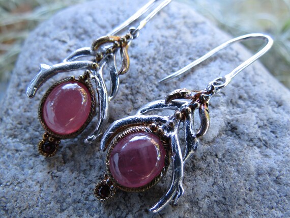 Cabochon Ruby Earrings - Sterling Silver Mounting… - image 2