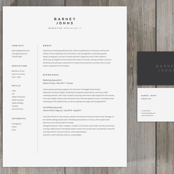 Modern Resume Template, Simple Minimalist Design, Professional CV, Word, Mac Pages, Instant Download