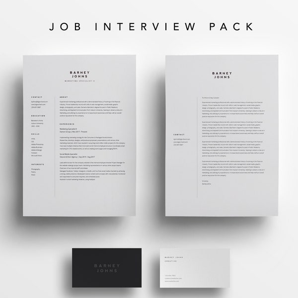 Job Interview Template Pack, Resume, Cover Letter, Business Card, Instant Download