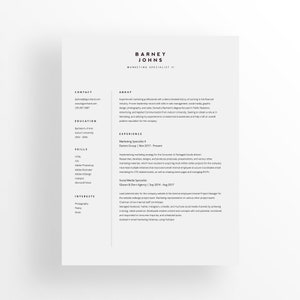 May include: A black and white resume with the name Barney Johns, Marketing Specialist II, at the top. The resume includes contact information, education, skills, experience, and interests.