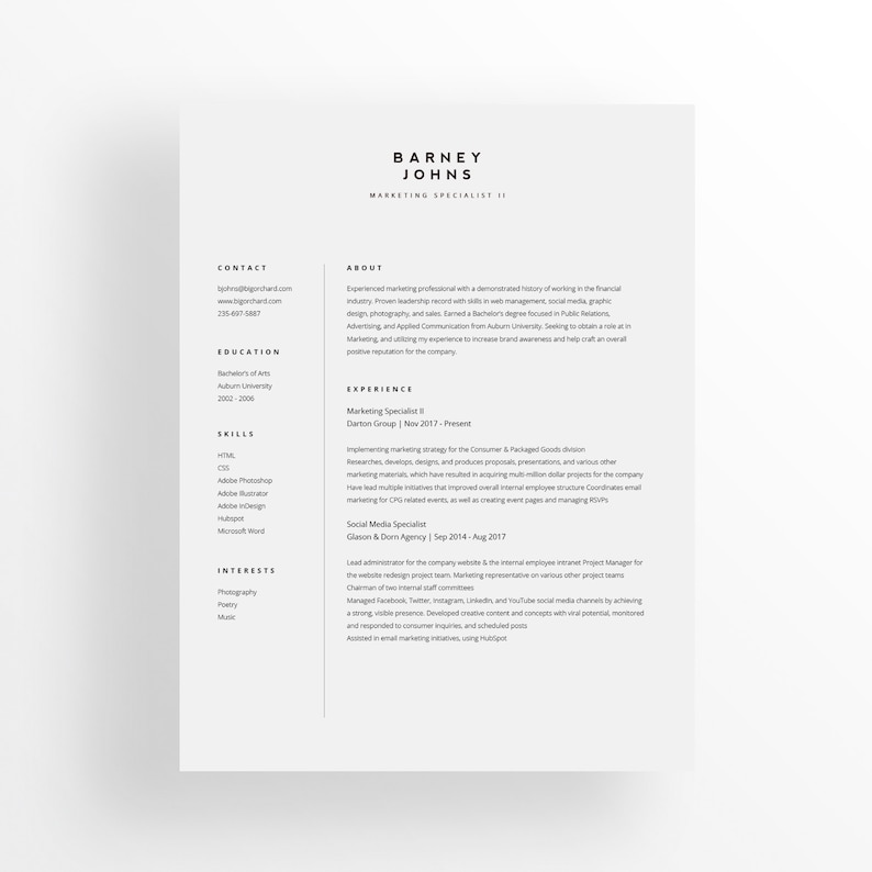 May include: A black and white resume with the name Barney Johns, Marketing Specialist II, at the top. The resume includes contact information, education, skills, experience, and interests.