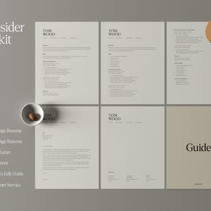 May include: A resume kit in a neutral colour scheme. The kit includes a one-page resume, two-page resume, cover letter, references, and a guide. The text "Consider the kit" and "Resume" are visible.