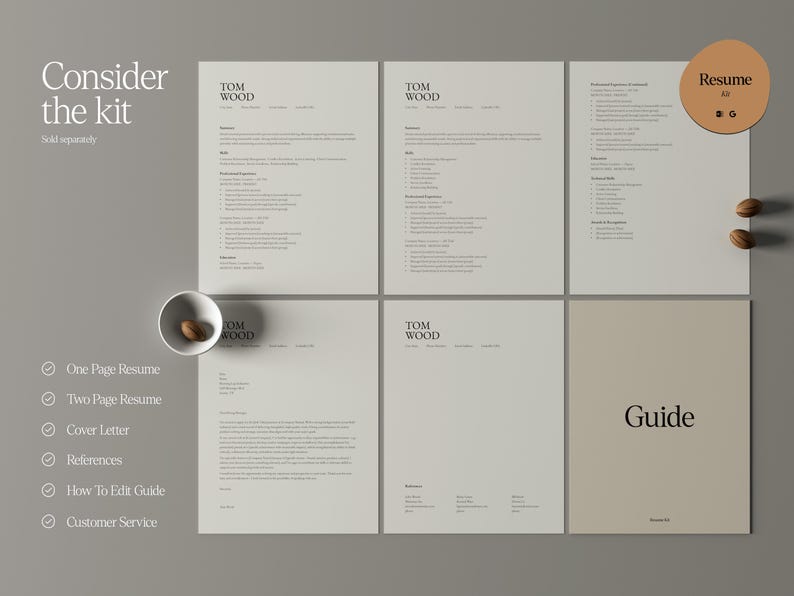 May include: A resume kit in a neutral colour scheme. The kit includes a one-page resume, two-page resume, cover letter, references, and a guide. The text "Consider the kit" and "Resume" are visible.