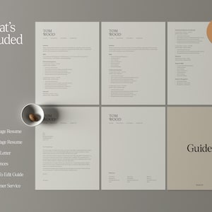 Op de afbeelding: Een minimalistische cv-sjabloonset met zes pagina's, waaronder een gids, een sollicitatiebrief en referenties. De tekst "TOM WOOD" staat bovenaan verschillende pagina's. Een kleine kom met een noot staat links. Het woord "Guide" staat rechtsonder.