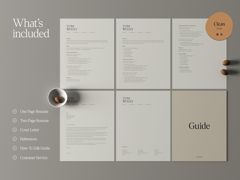 Op de afbeelding: Een minimalistische cv-sjabloonset met zes pagina's, waaronder een gids, een sollicitatiebrief en referenties. De tekst "TOM WOOD" staat bovenaan verschillende pagina's. Een kleine kom met een noot staat links. Het woord "Guide" staat rechtsonder.