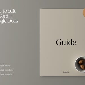 Op de afbeelding: Een beige gids met de titel "Guide" in zwarte tekst. De gids bevat de tekst "Easy to edit in Word + Google Docs" en "How to Edit Resume, Cover Letter, References". Een kleine kom met twee noten staat rechtsonder.