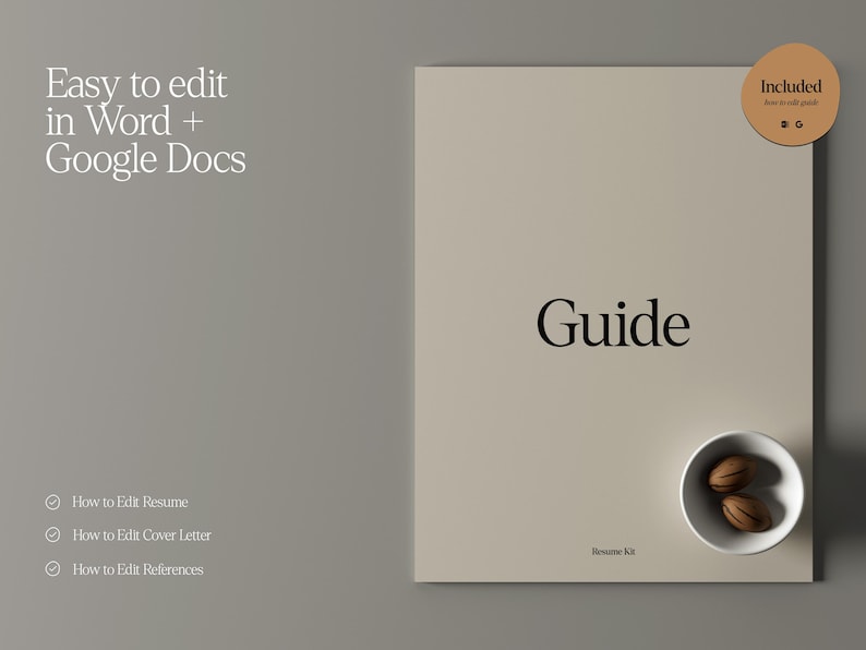 Op de afbeelding: Een beige gids met de titel "Guide" in zwarte tekst. De gids bevat de tekst "Easy to edit in Word + Google Docs" en "How to Edit Resume, Cover Letter, References". Een kleine kom met twee noten staat rechtsonder.