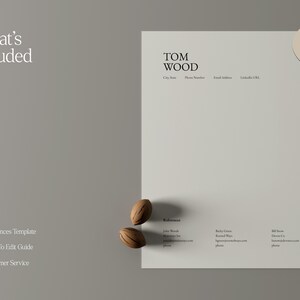 May include: A minimalist design template with the text "TOM WOOD" at the top. The words "What's included" are on the left side. The template includes a references template, how to edit guide, and customer service.