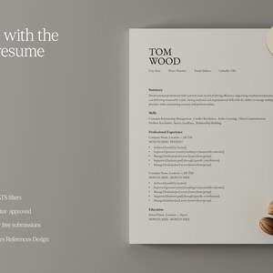 May include: A minimalist resume template with the name "TOM WOOD" at the top. The resume includes sections for summary, skills, professional experience, and education. The text "Pair with the ats resume" is also visible.
