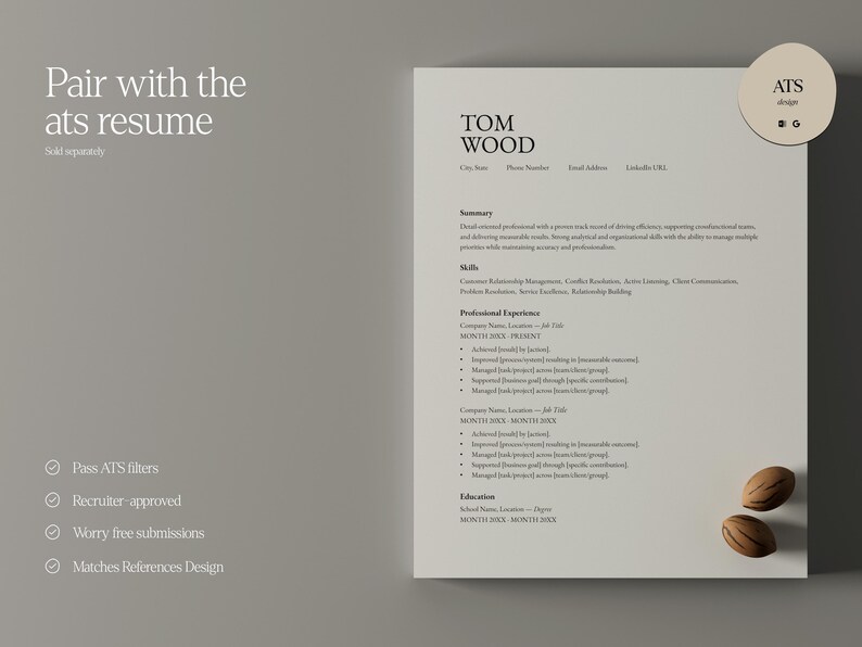 May include: A minimalist resume template with the name "TOM WOOD" at the top. The resume includes sections for summary, skills, professional experience, and education. The text "Pair with the ats resume" is also visible.
