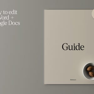 May include: A beige-coloured guide with the title "Guide" in black lettering. The text "Easy to edit in Word + Google Docs" is in the upper left corner. A small bowl with two nuts sits at the bottom right.